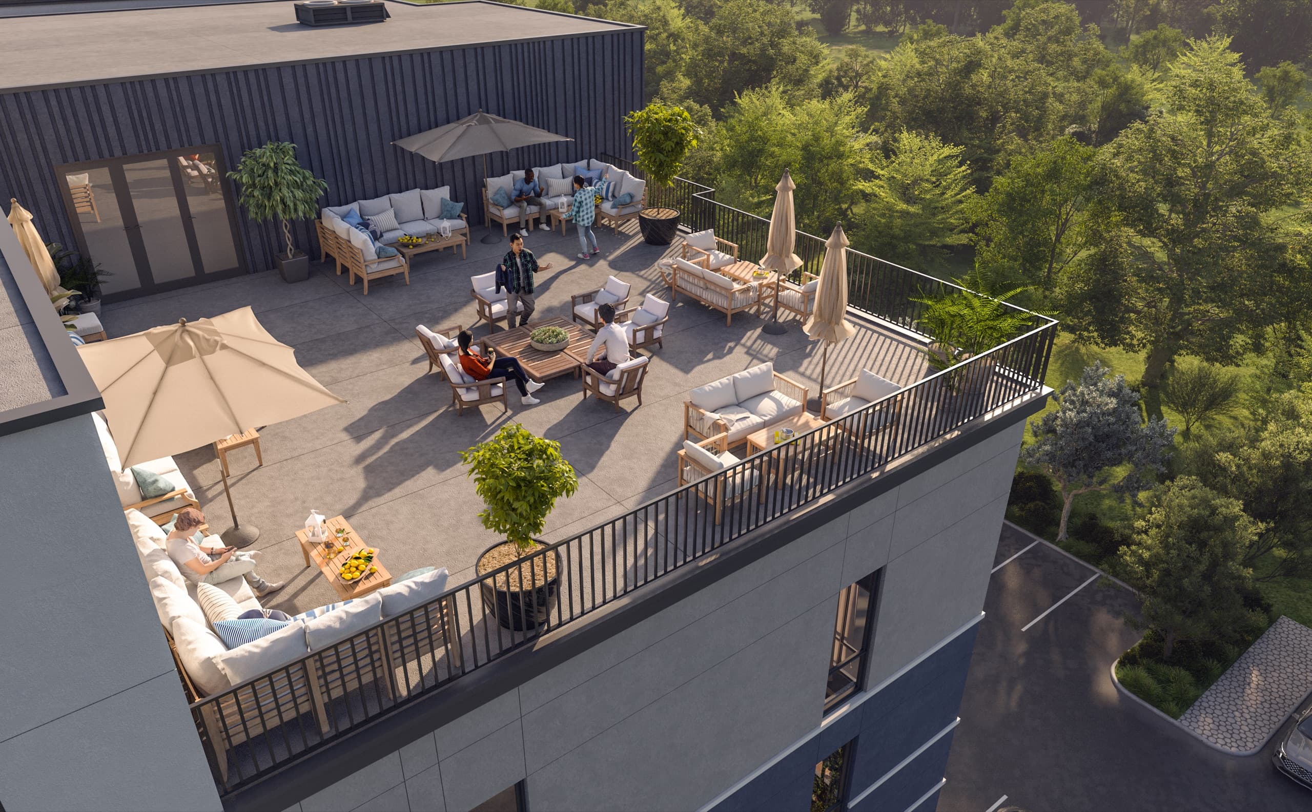 Rooftop com lounge e guarda-sóis