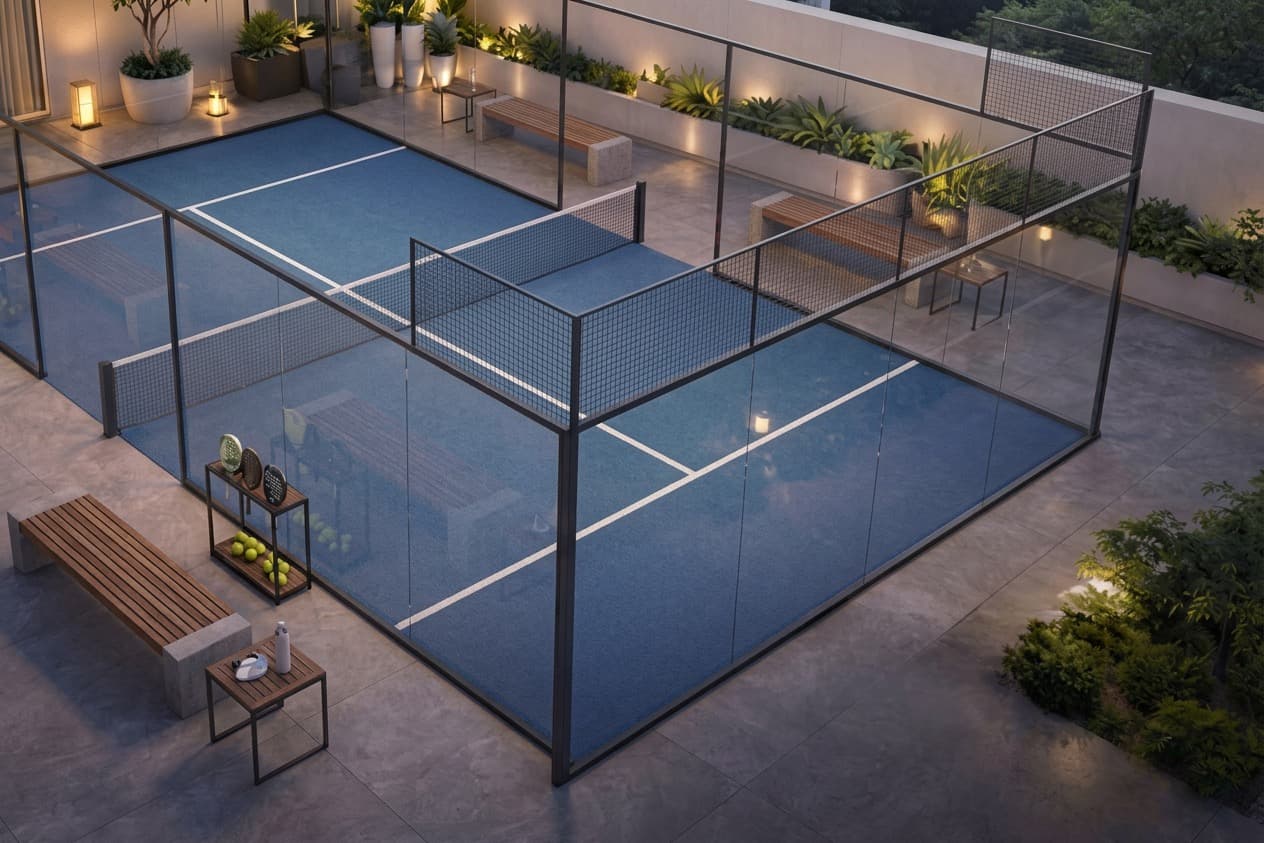 Quadra de padel no rooftop com vista panorâmica